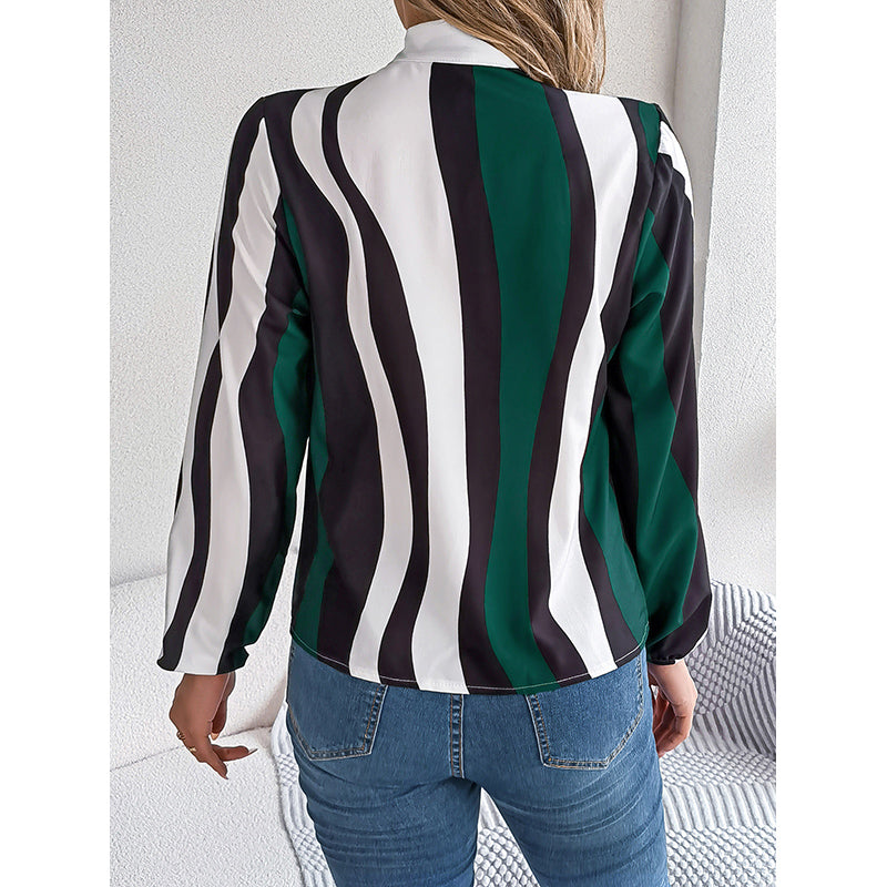 Green Striped Tie Up Neck Puff Sleeves Top