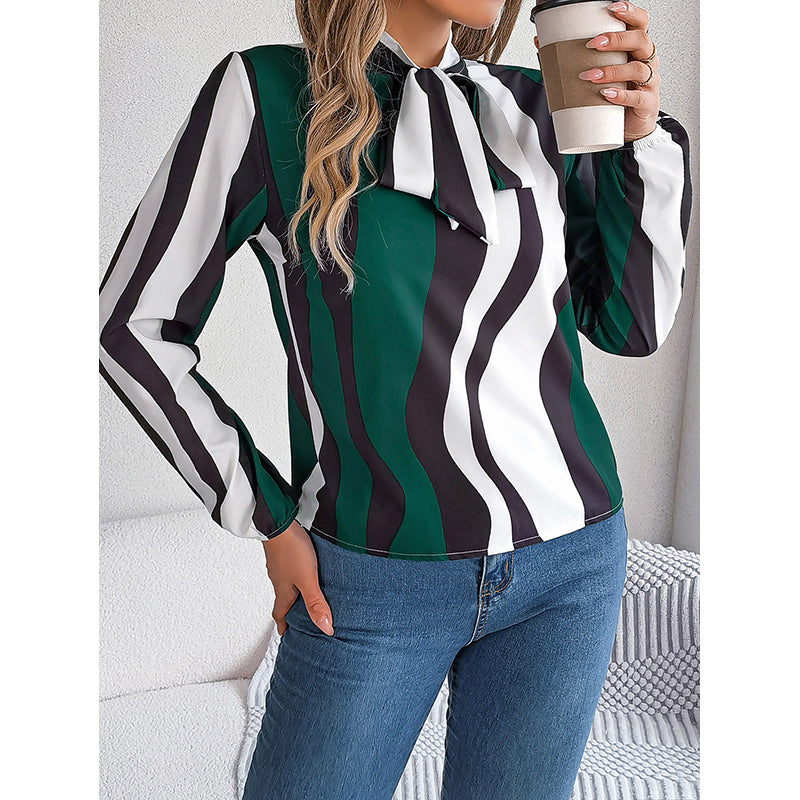 Green Striped Tie Up Neck Puff Sleeves Top