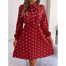 Red Polka Dot Printed Tie-Up Neck A-Line Mini Dress