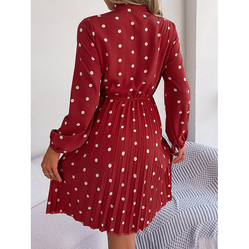 Red Polka Dot Printed Tie-Up Neck A-Line Mini Dress