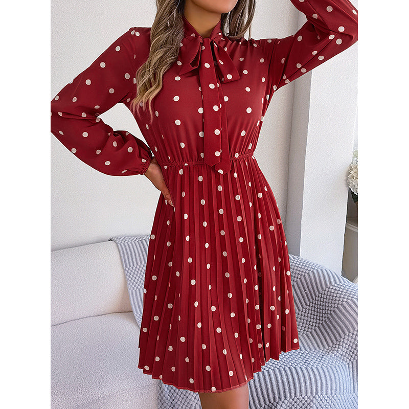 Red Polka Dot Printed Tie-Up Neck A-Line Mini Dress