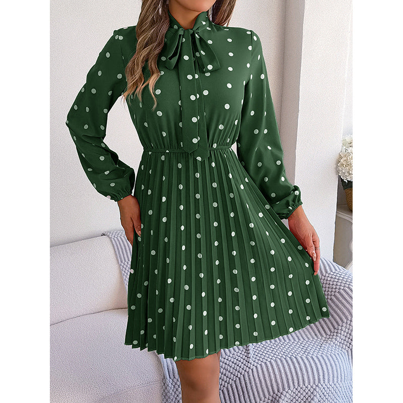 Green Polka Dot Print Accordion Pleated Puff Sleeve Fit & Flare Dress