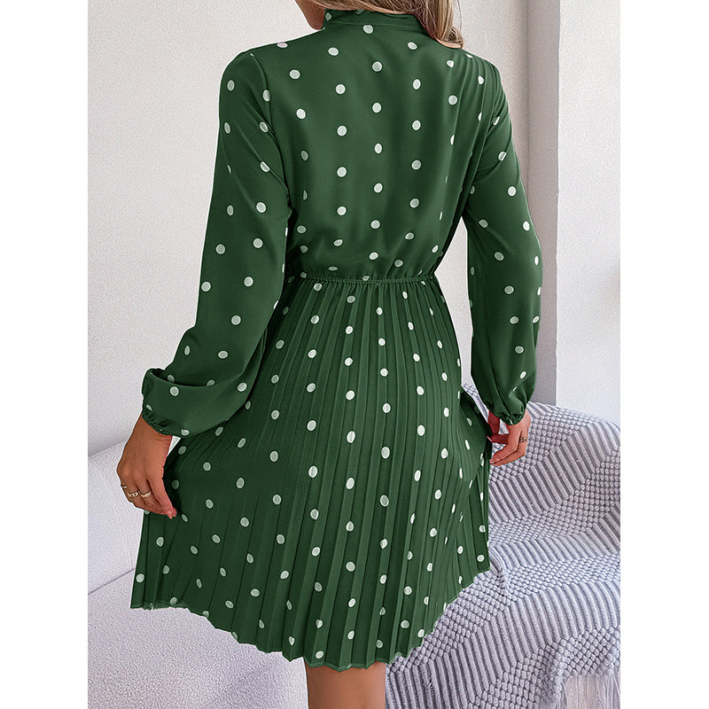 Green Polka Dot Print Accordion Pleated Puff Sleeve Fit & Flare Dress