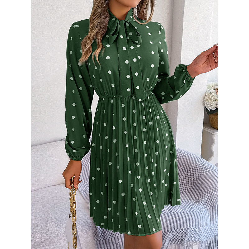 Green Polka Dot Print Accordion Pleated Puff Sleeve Fit & Flare Dress