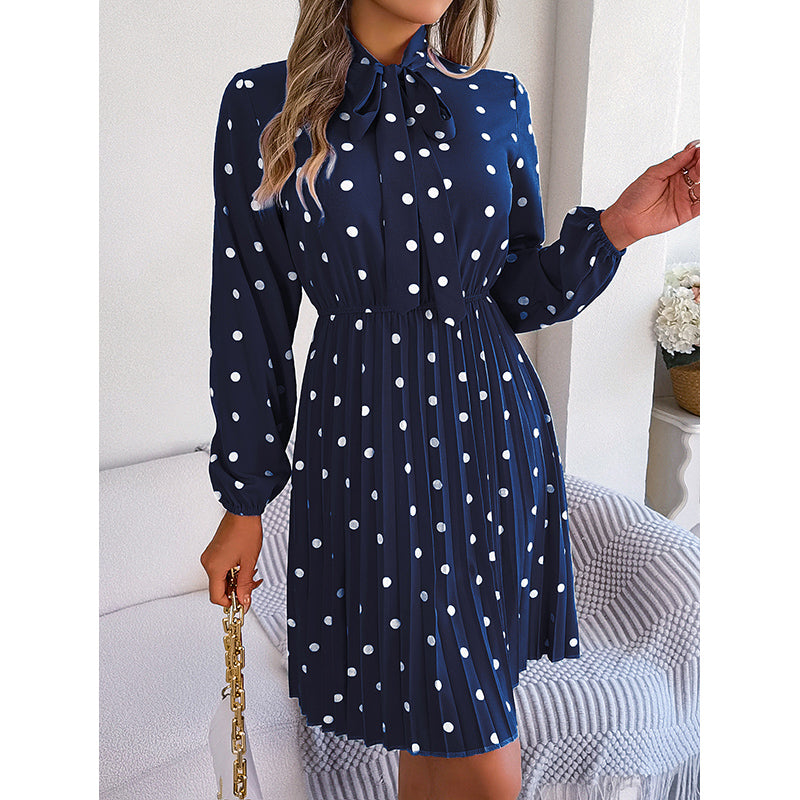 Navy Blue Polka Dot Printed Tie-Up Neck Accordion Pleats Fit & Flare Dress