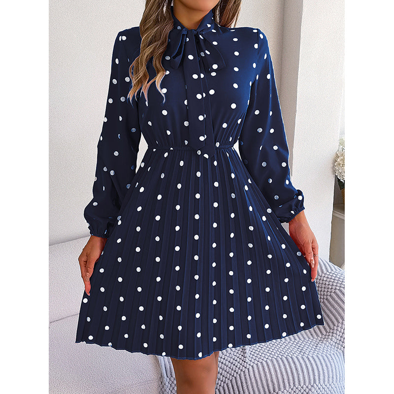 Navy Blue Polka Dot Printed Tie-Up Neck Accordion Pleats Fit & Flare Dress