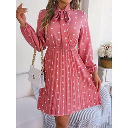 Pink Polka Dot Print Tie-Up Neck Fit & Flare Midi Dress