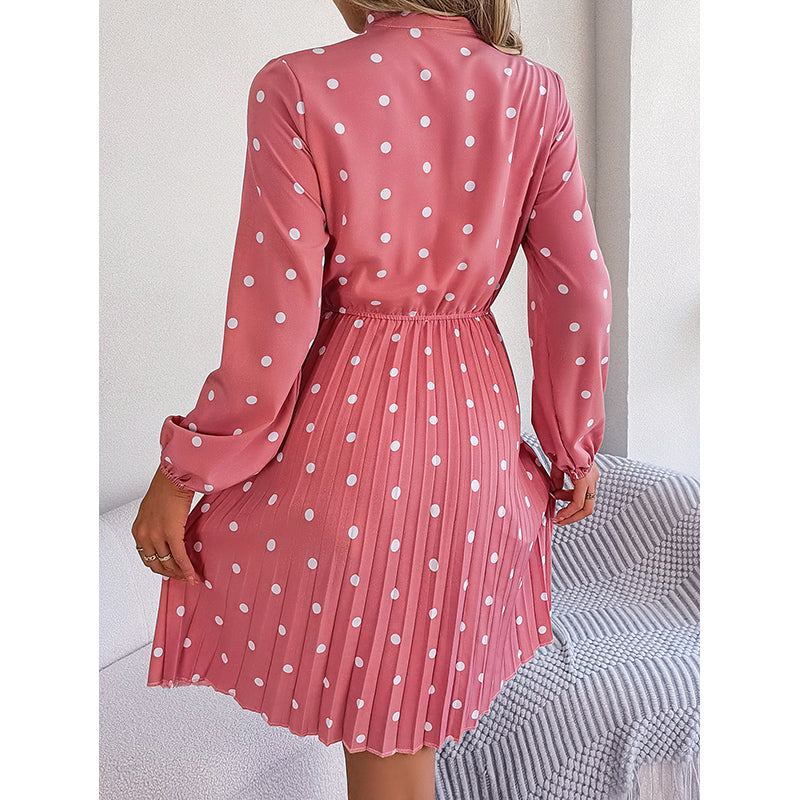 Pink Polka Dot Print Tie-Up Neck Fit & Flare Midi Dress
