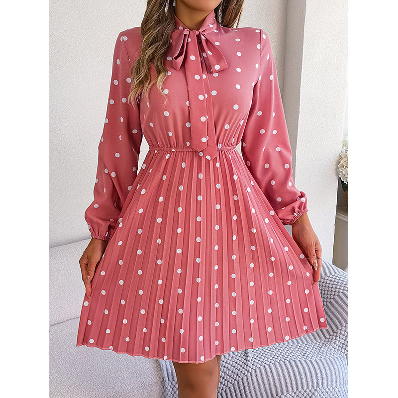 Pink Polka Dot Print Tie-Up Neck Fit & Flare Midi Dress
