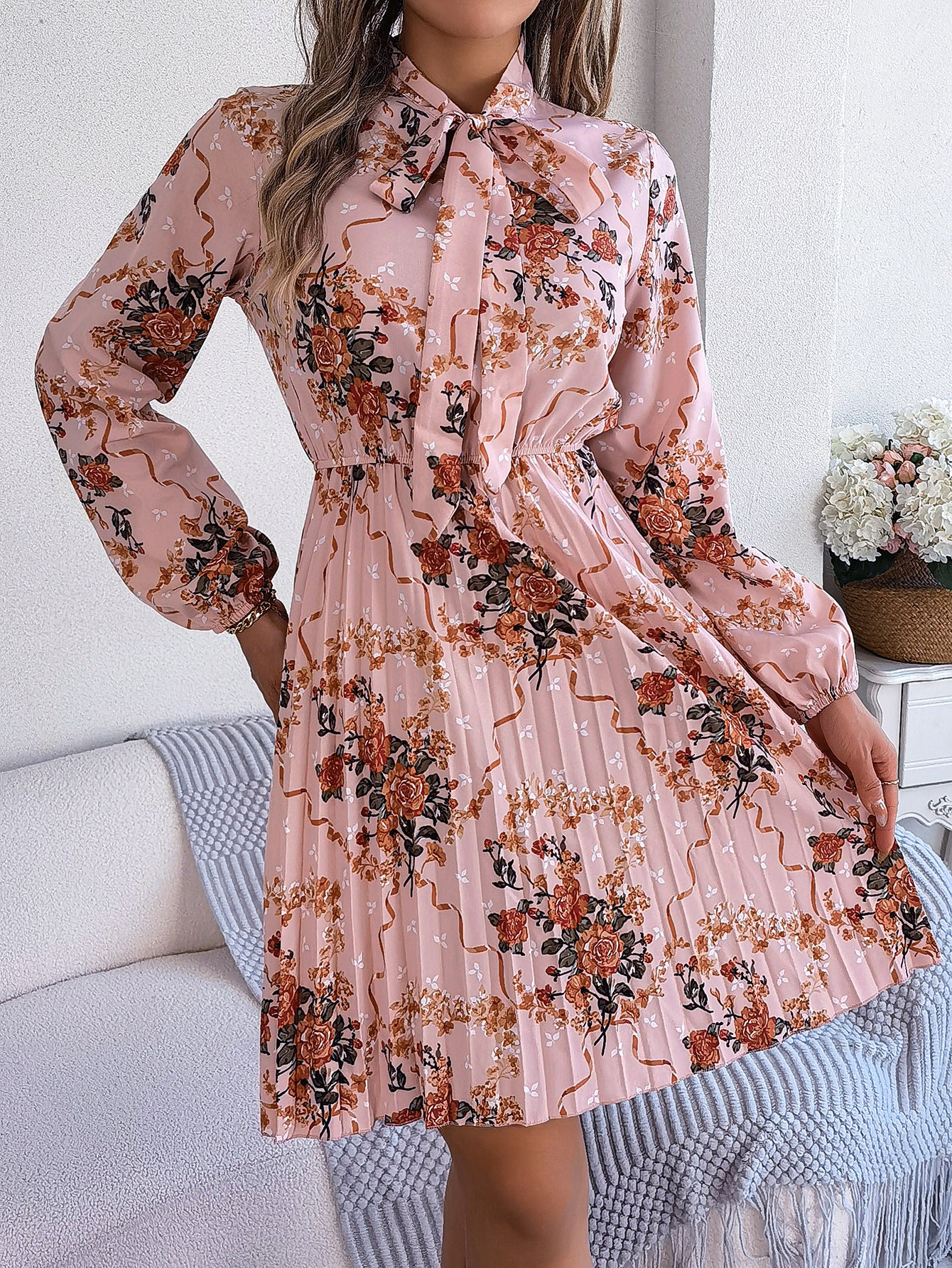 Polyester Floral Printed Puff Sleeve Floral Fit and Flare Dress