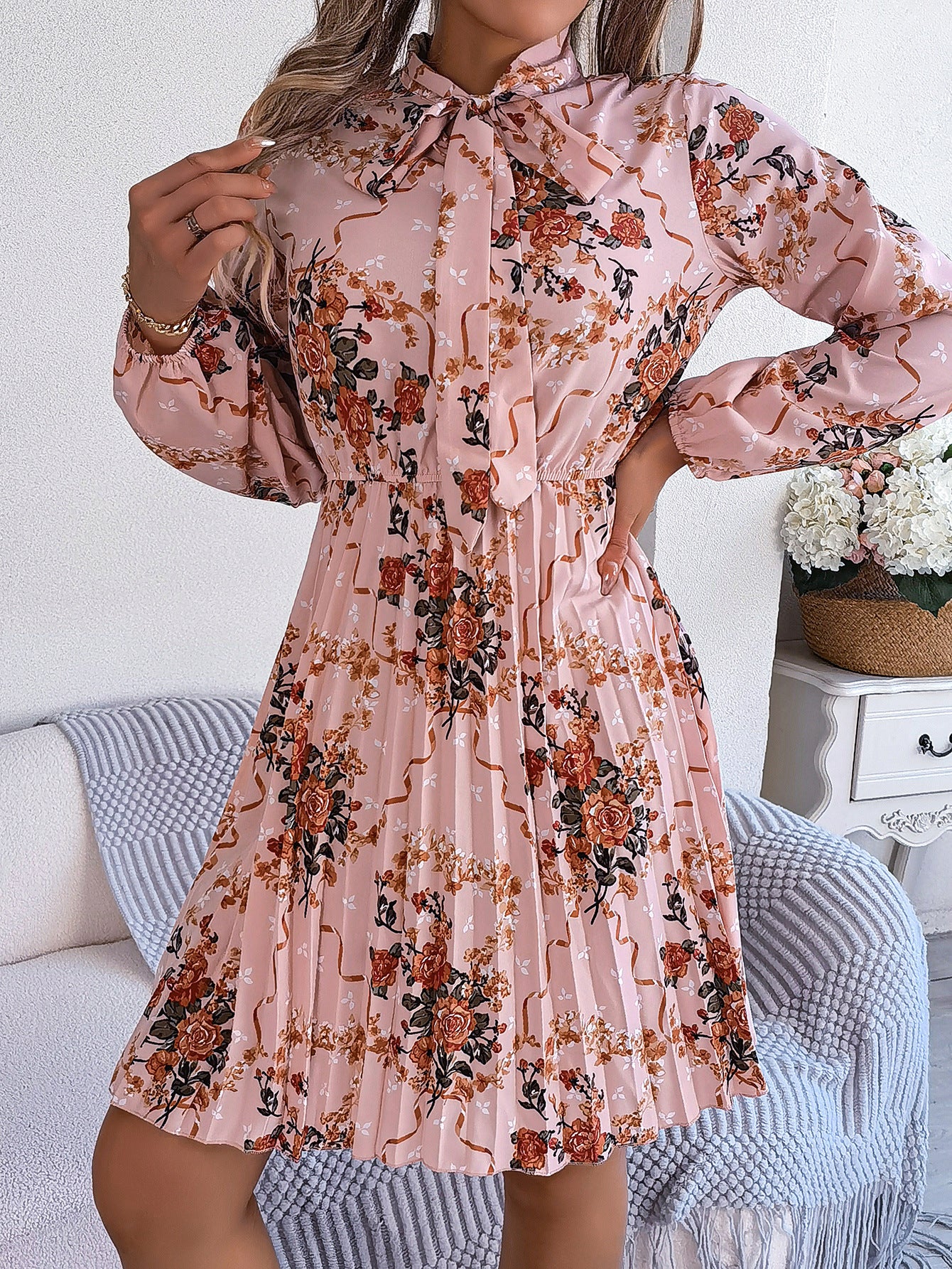 Polyester Floral Printed Puff Sleeve Floral Fit and Flare Dress