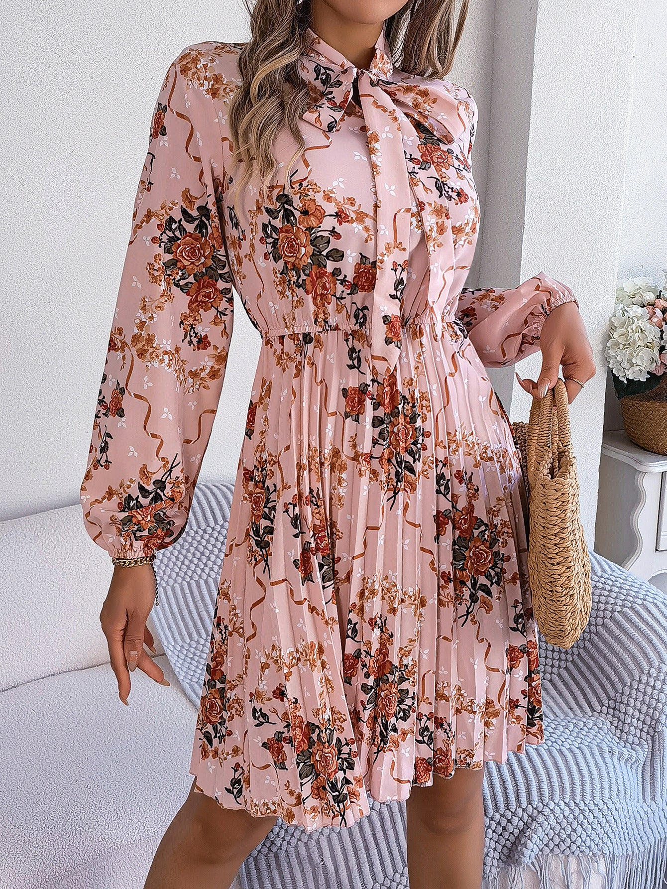 Polyester Floral Printed Puff Sleeve Floral Fit and Flare Dress