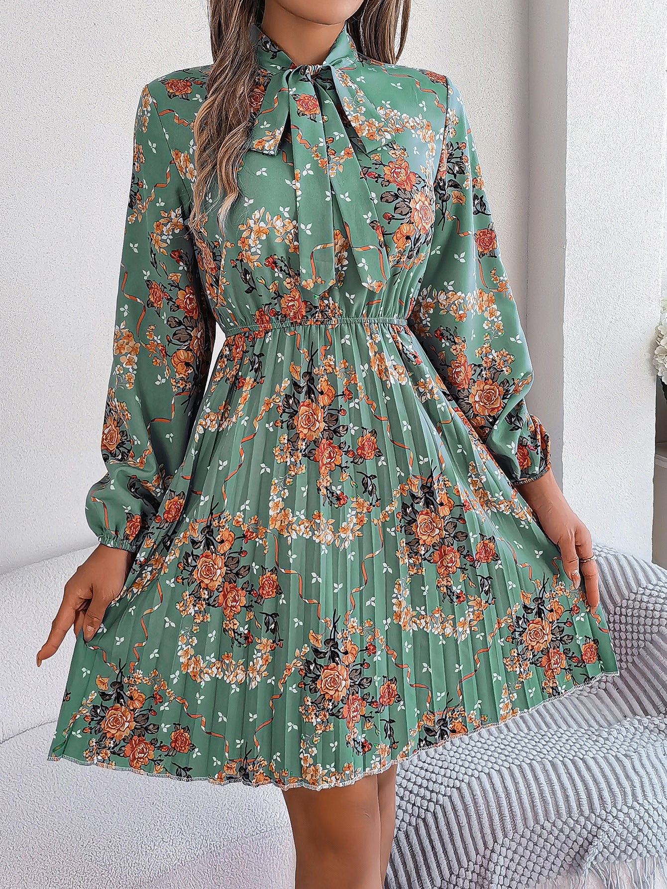 Floral Print Tie-Up Neck Fit & Flare Dress