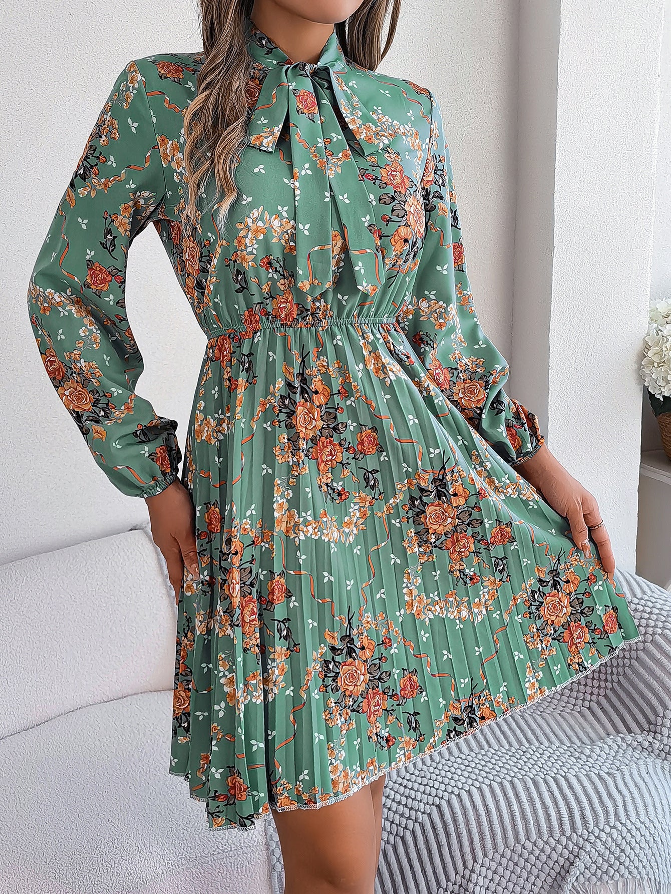 Floral Print Tie-Up Neck Fit & Flare Dress