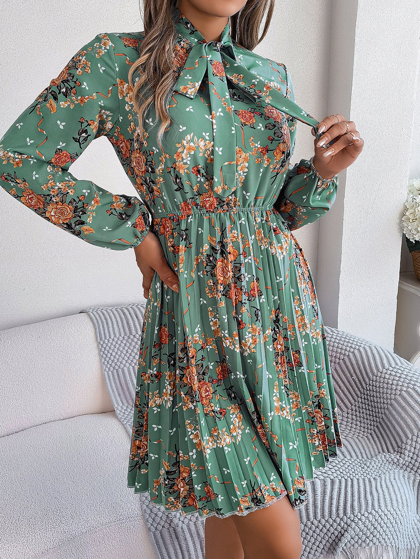 Floral Print Tie-Up Neck Fit & Flare Dress