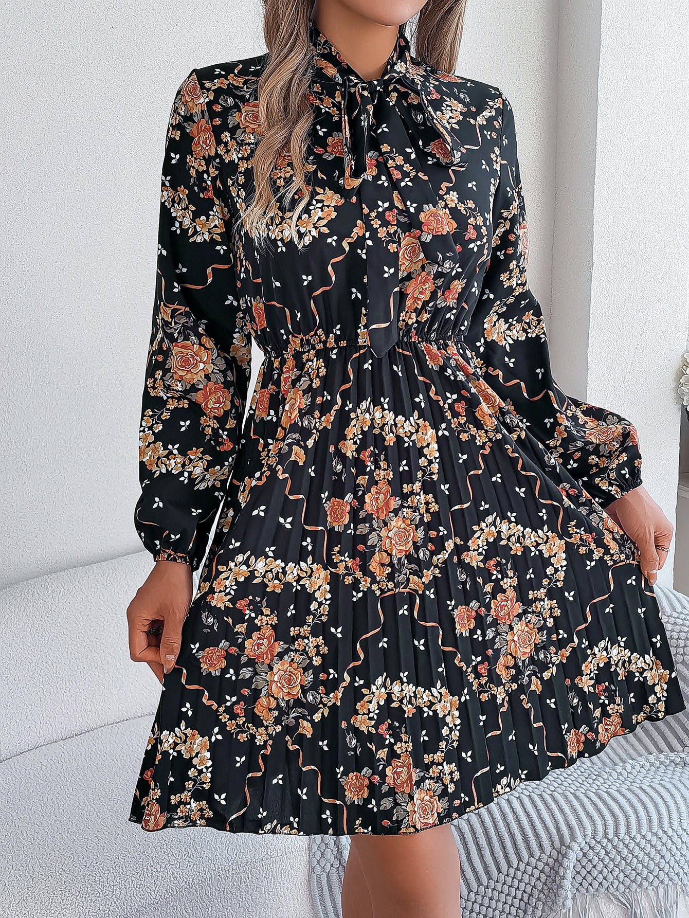 Floral Printed Tie-Up Neck Fit & Flare Dress