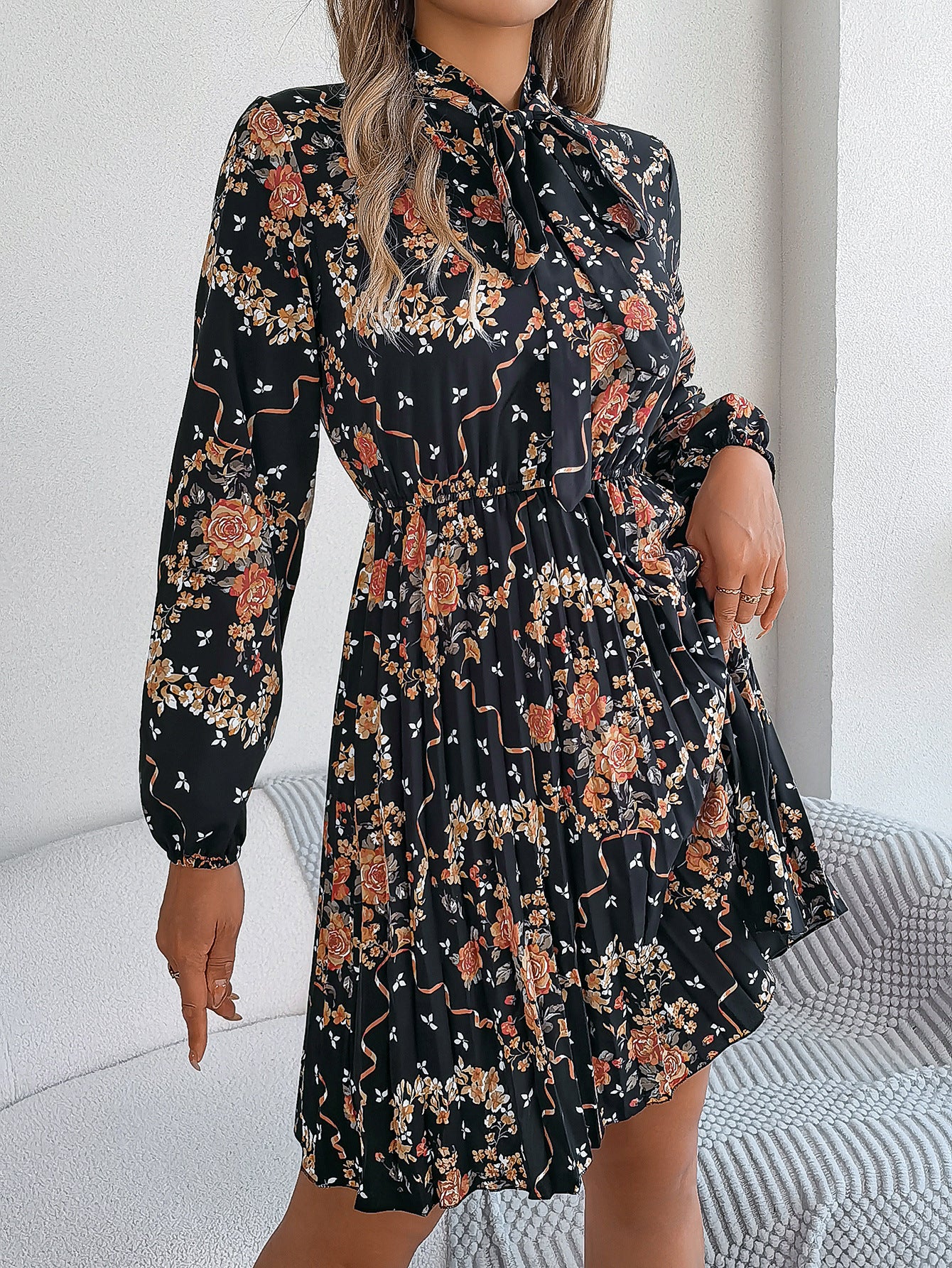 Floral Printed Tie-Up Neck Fit & Flare Dress