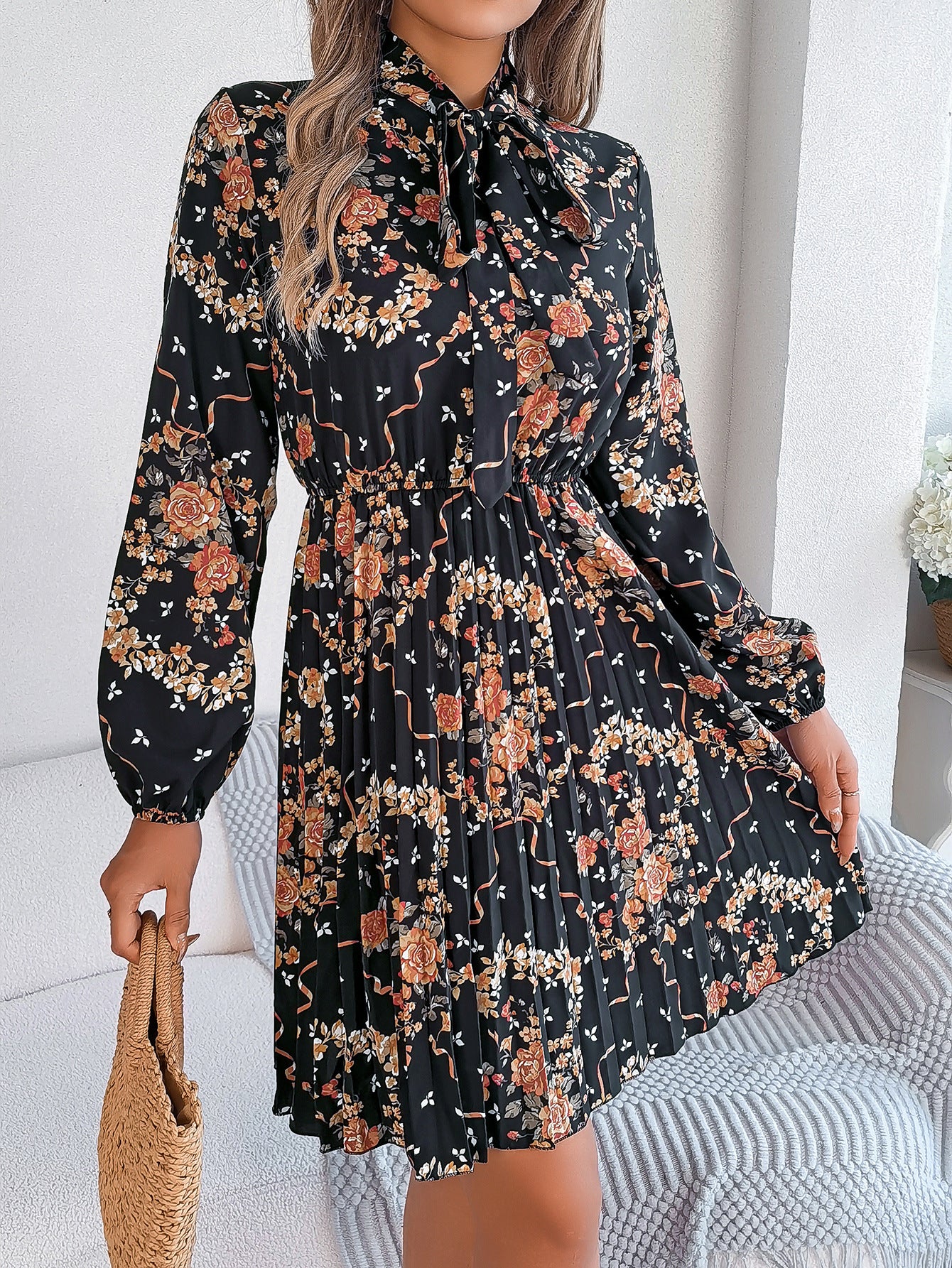 Floral Printed Tie-Up Neck Fit & Flare Dress