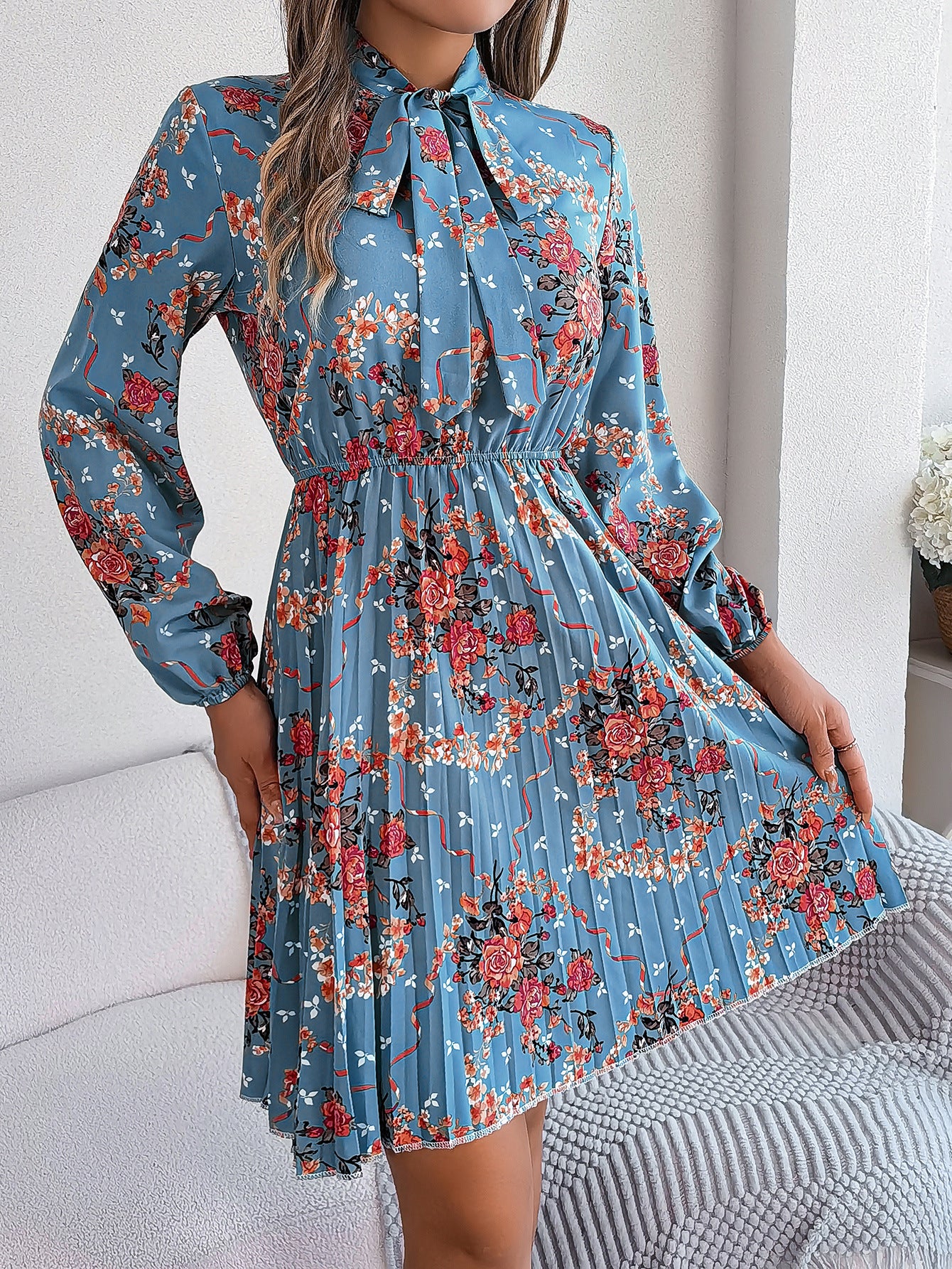 Floral Print Tie-Up Neck  Fit & Flare Midi Dress