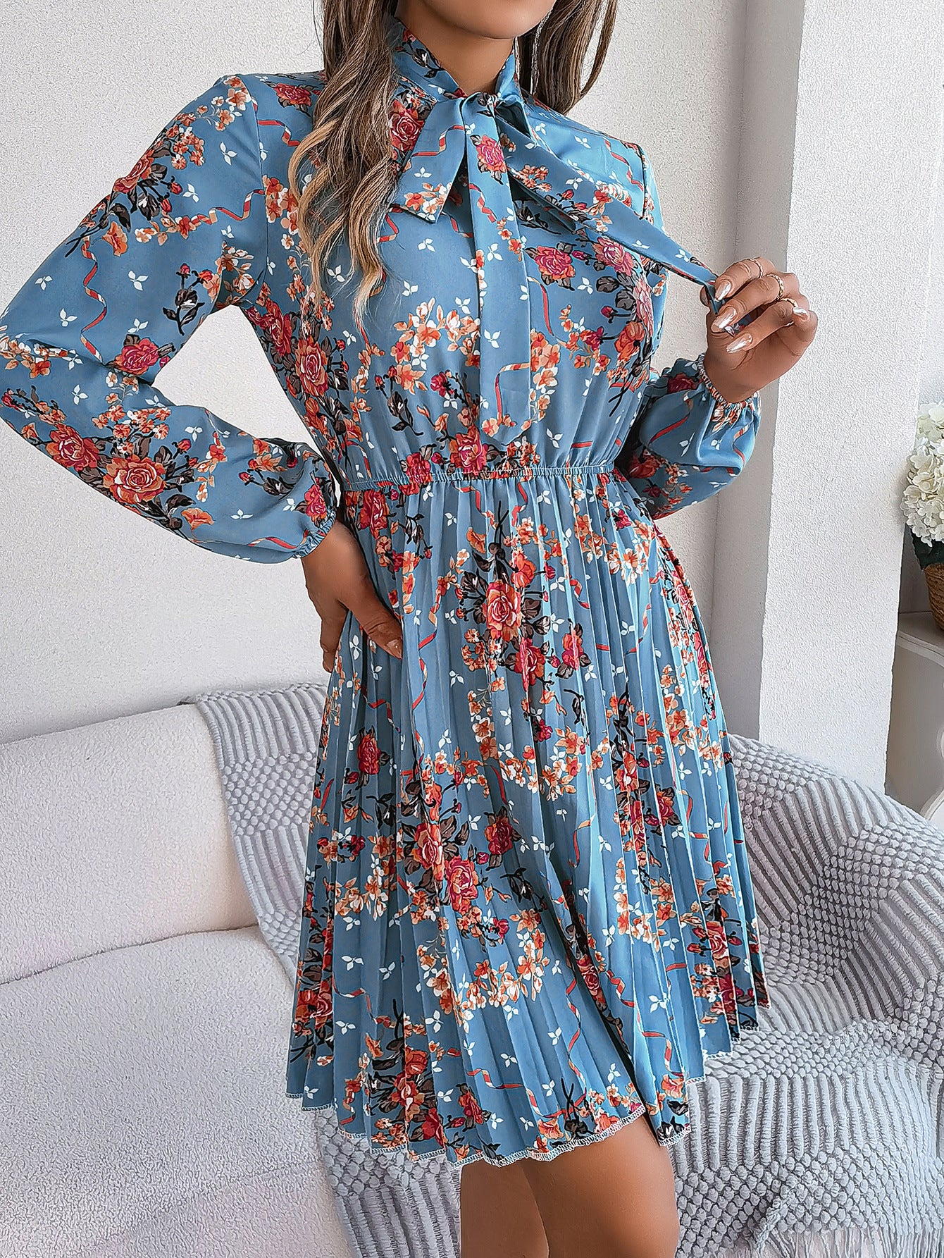 Floral Print Tie-Up Neck  Fit & Flare Midi Dress