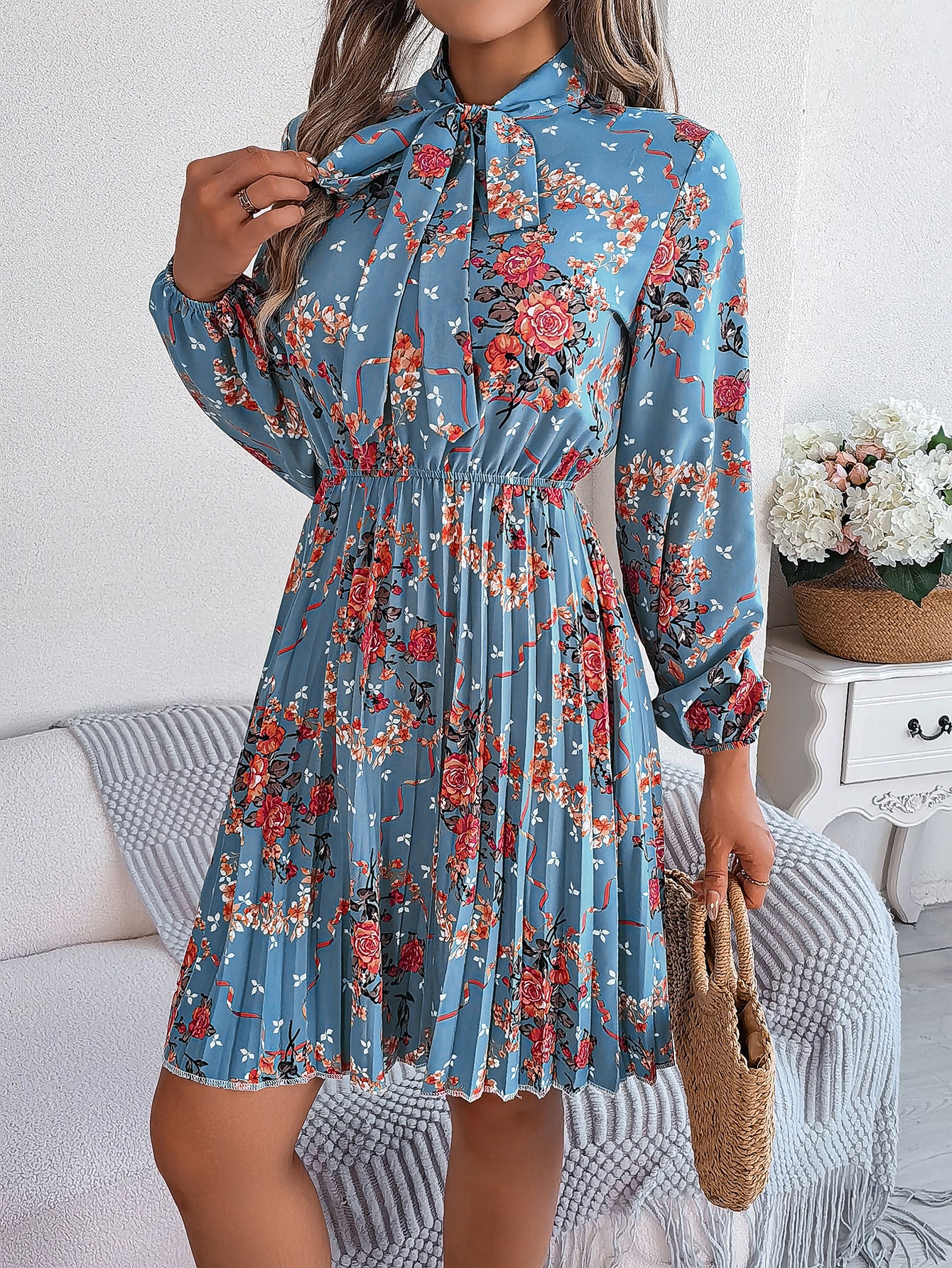 Floral Print Tie-Up Neck  Fit & Flare Midi Dress