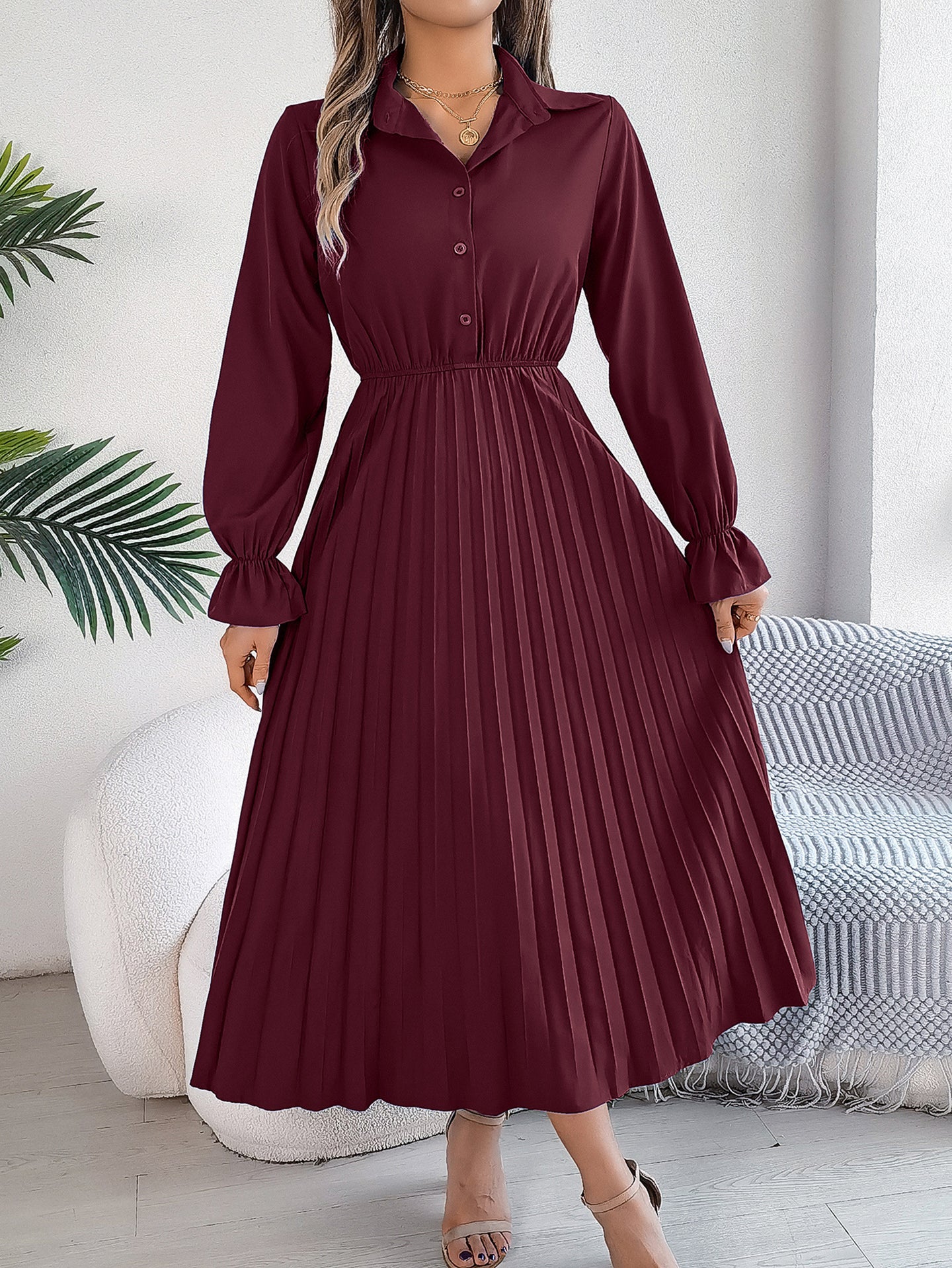 Women Solid Puff Sleeves Maxi Dress