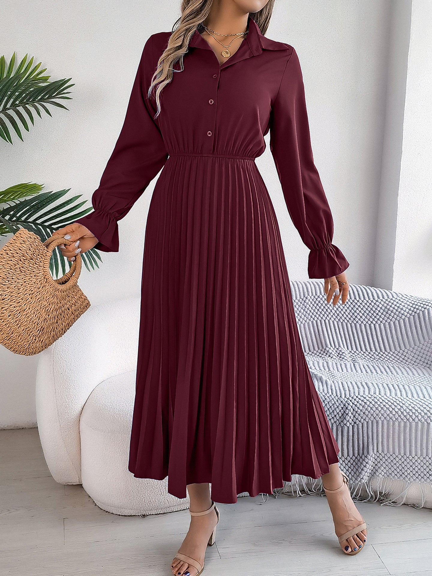 Women Solid Puff Sleeves Maxi Dress