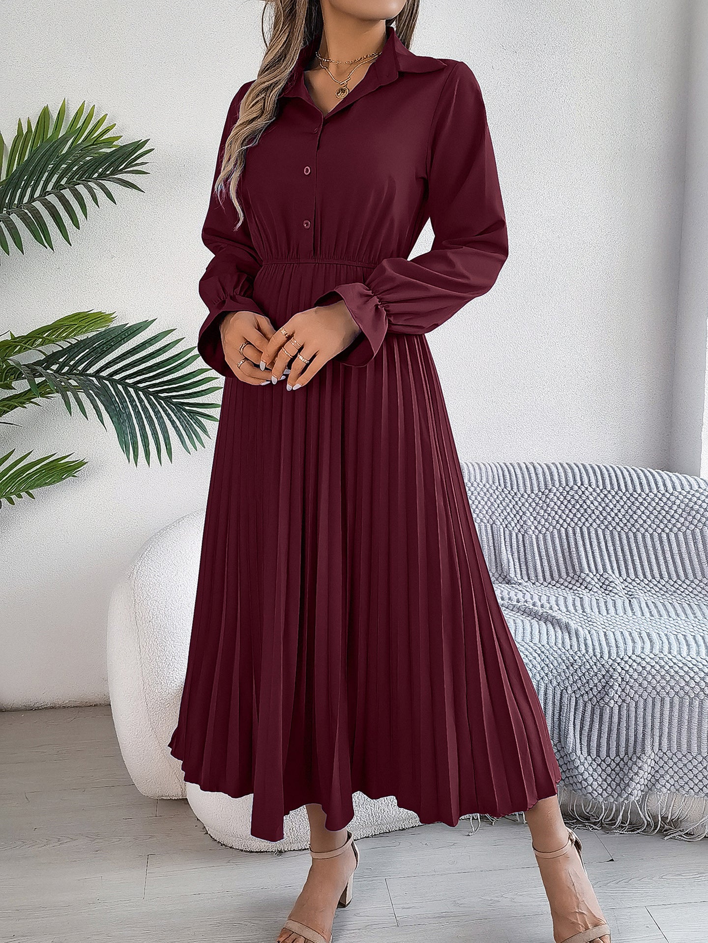 Women Solid Puff Sleeves Maxi Dress