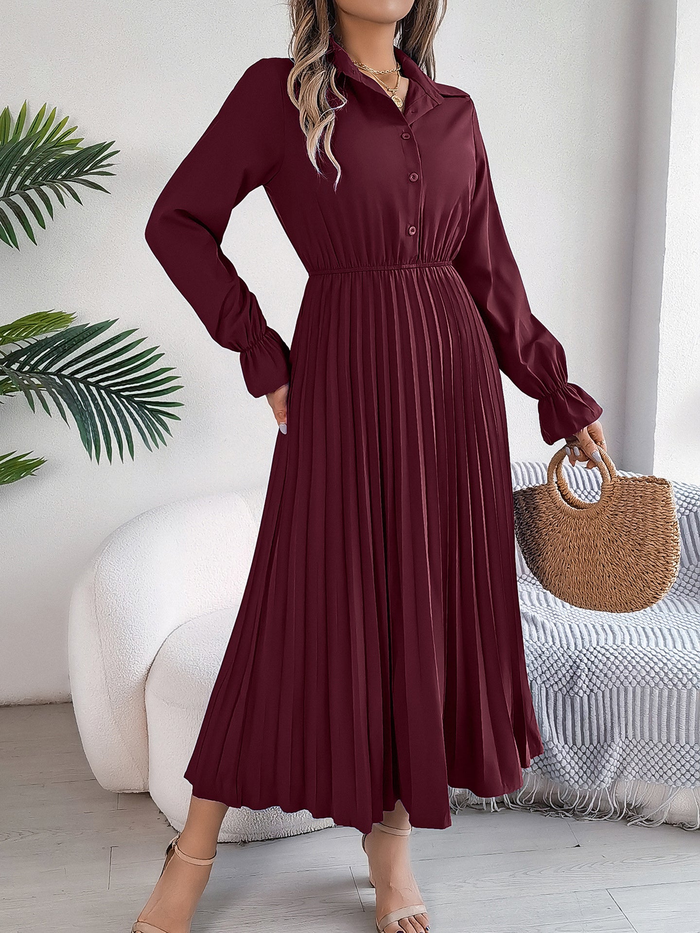 Women Solid Puff Sleeves Maxi Dress