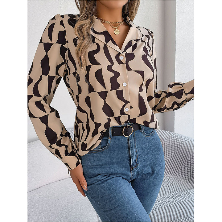 Khaki Abstract Printed Cuban Collar Long Sleeves Casual Shirt
