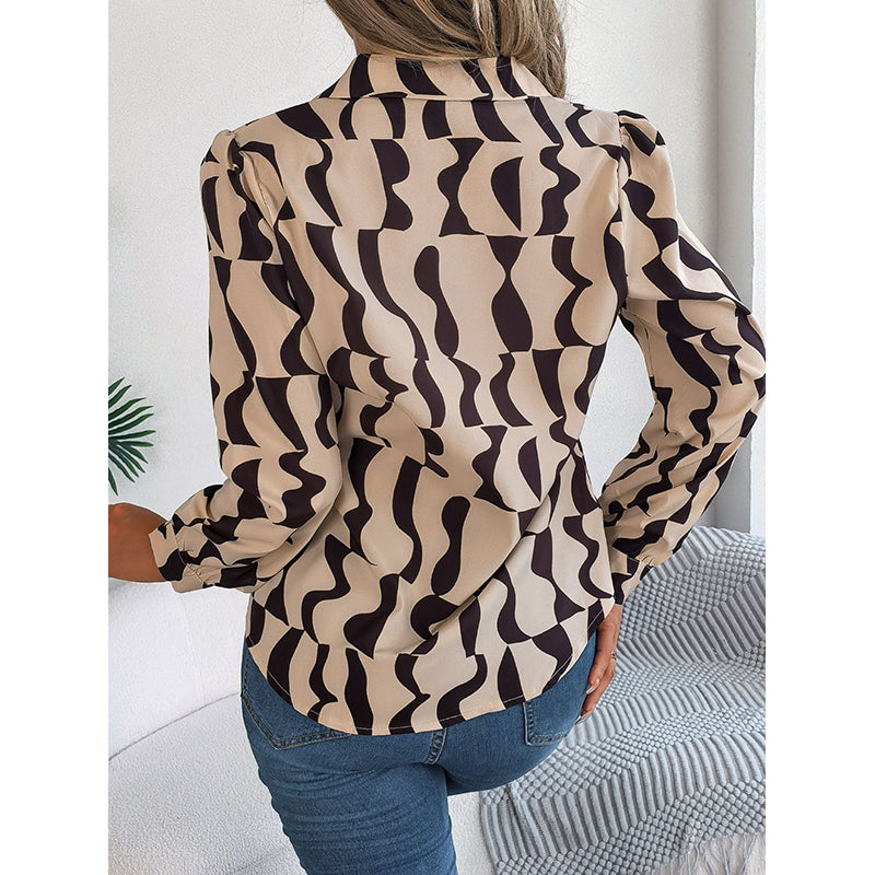 Khaki Abstract Printed Cuban Collar Long Sleeves Casual Shirt