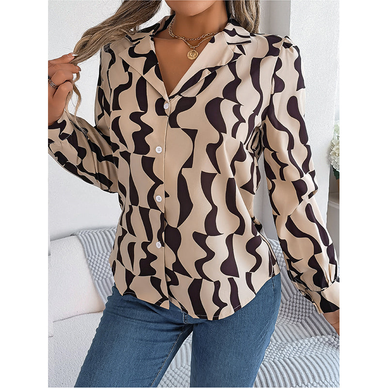 Khaki Abstract Printed Cuban Collar Long Sleeves Casual Shirt