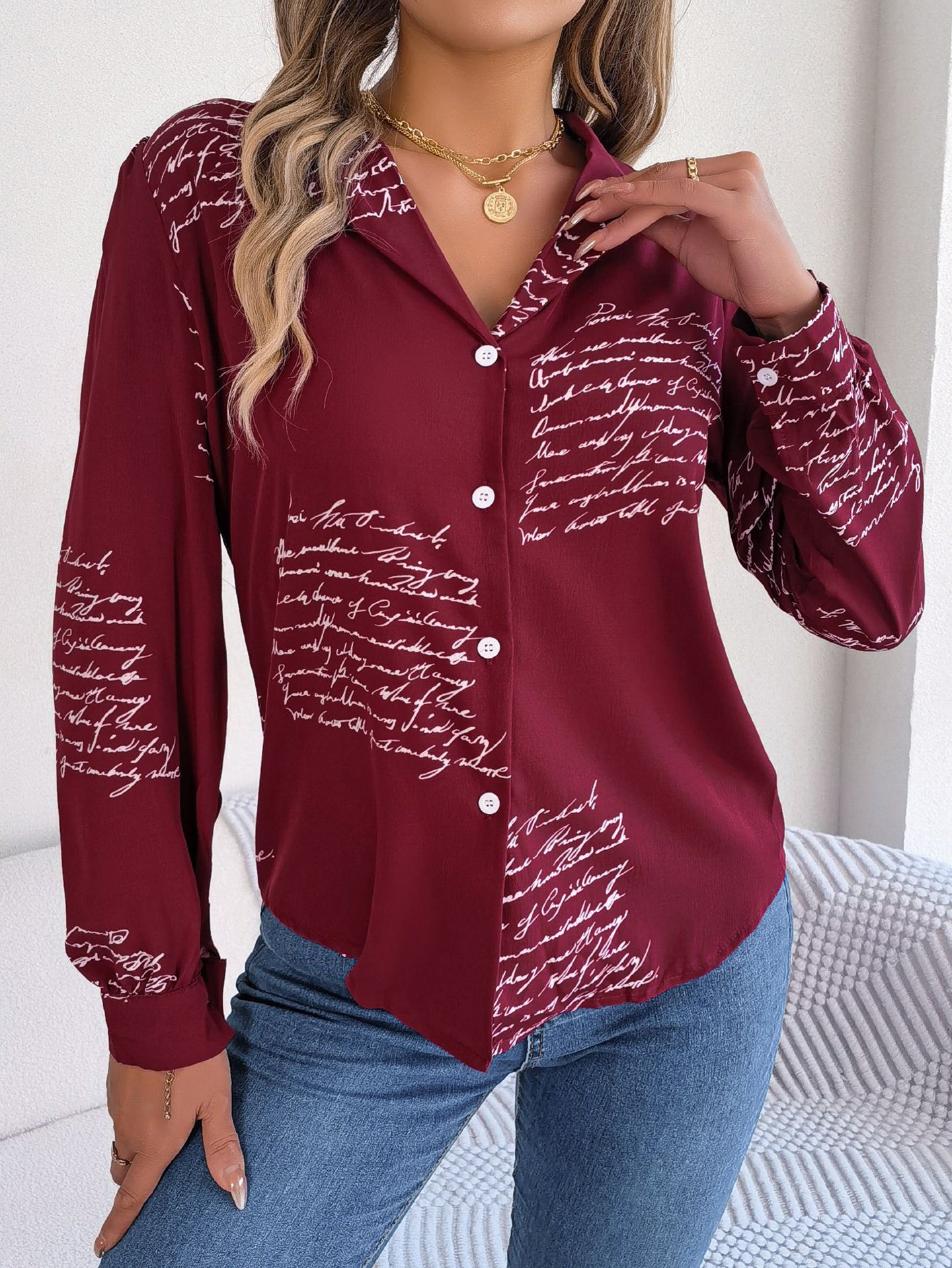 Women Cuban Collar Typography Printed Casual Shirt