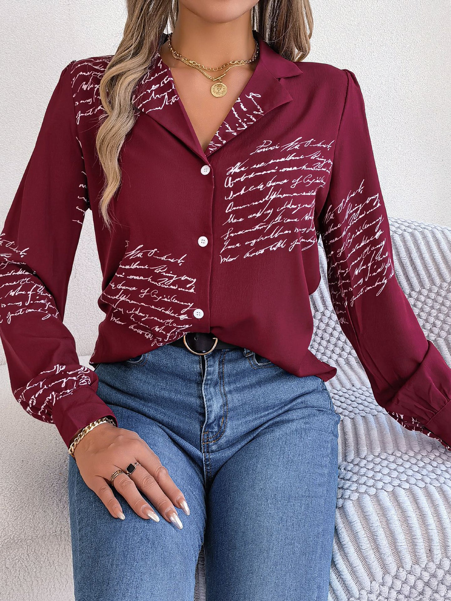 Women Cuban Collar Typography Printed Casual Shirt