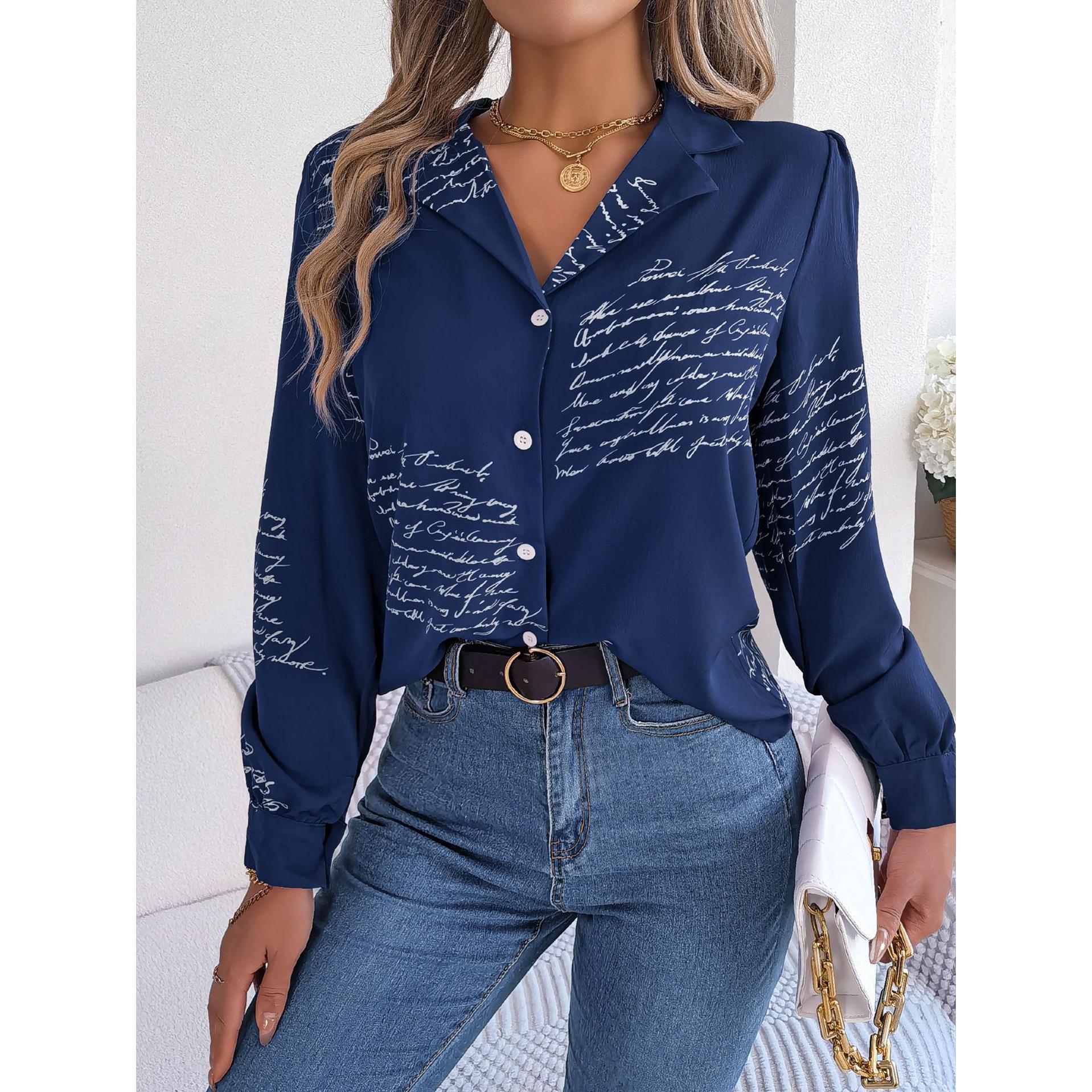 Women Cuban Collar Typography Printed Casual Shirt