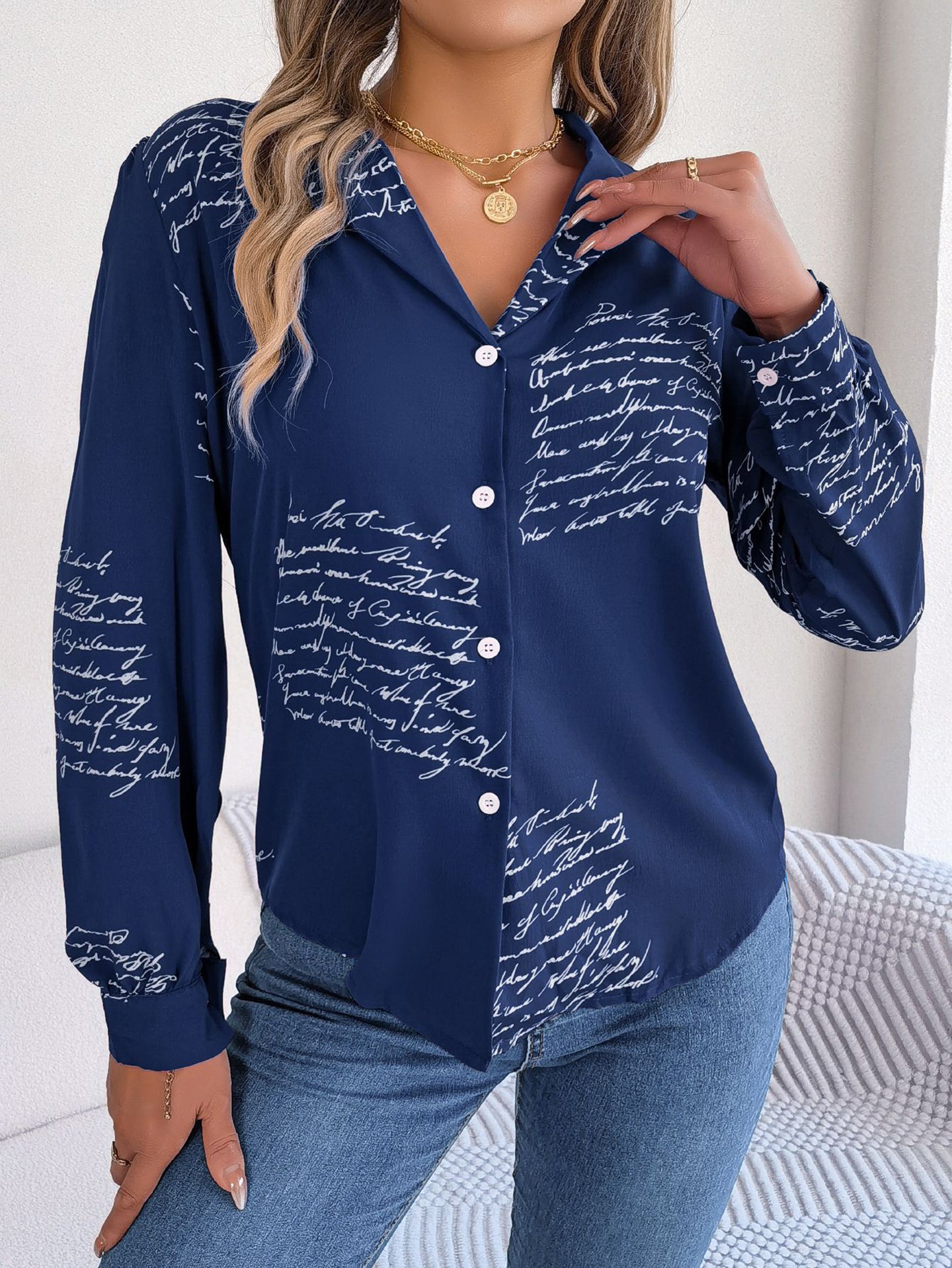 Women Cuban Collar Typography Printed Casual Shirt