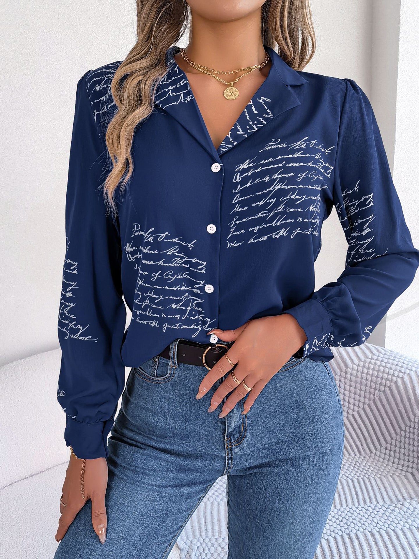 Women Cuban Collar Typography Printed Casual Shirt