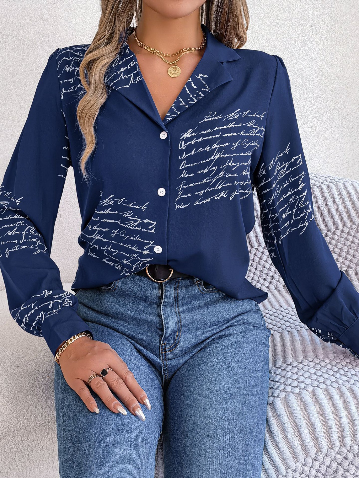 Women Cuban Collar Typography Printed Casual Shirt