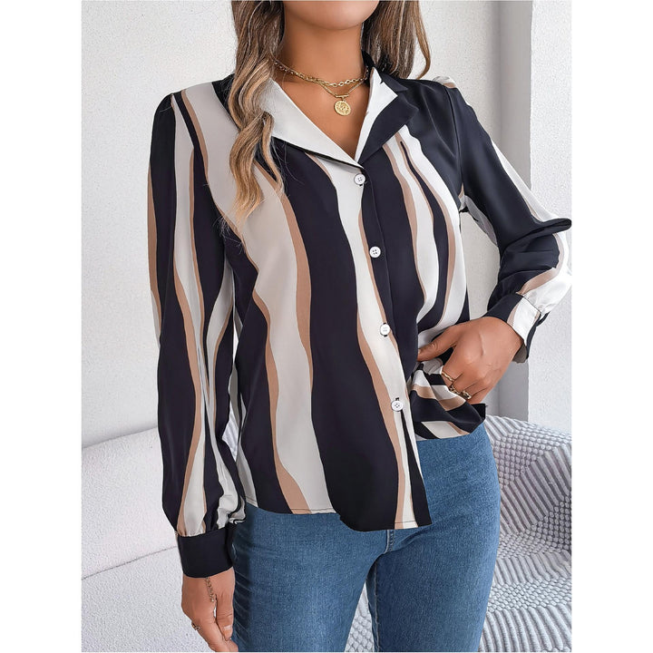 Women Cuban Collar Vertical Striped Casual Shirt