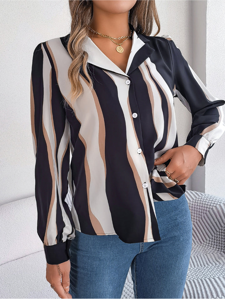 Women Cuban Collar Vertical Striped Casual Shirt