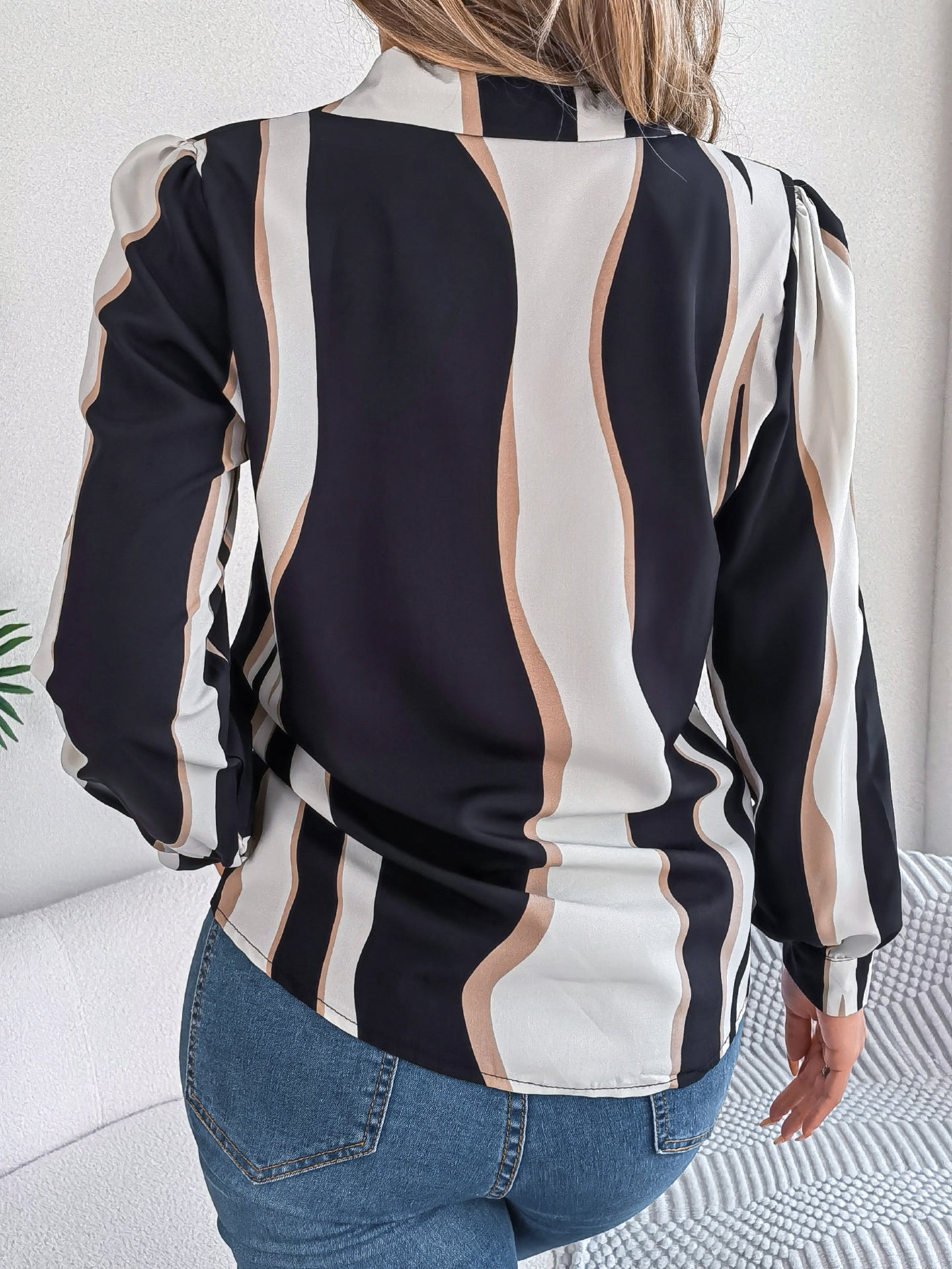 Women Cuban Collar Vertical Striped Casual Shirt