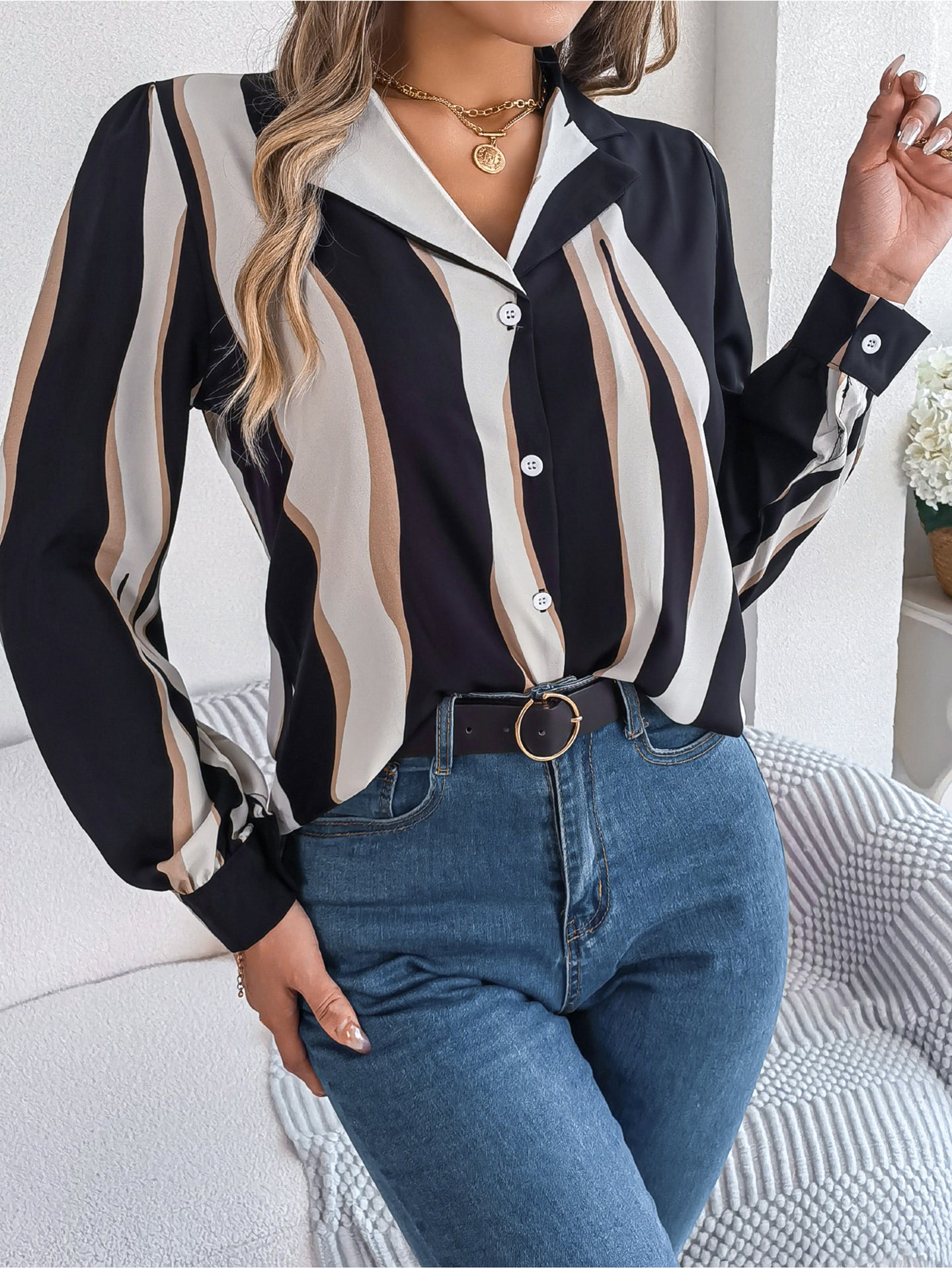 Women Cuban Collar Vertical Striped Casual Shirt