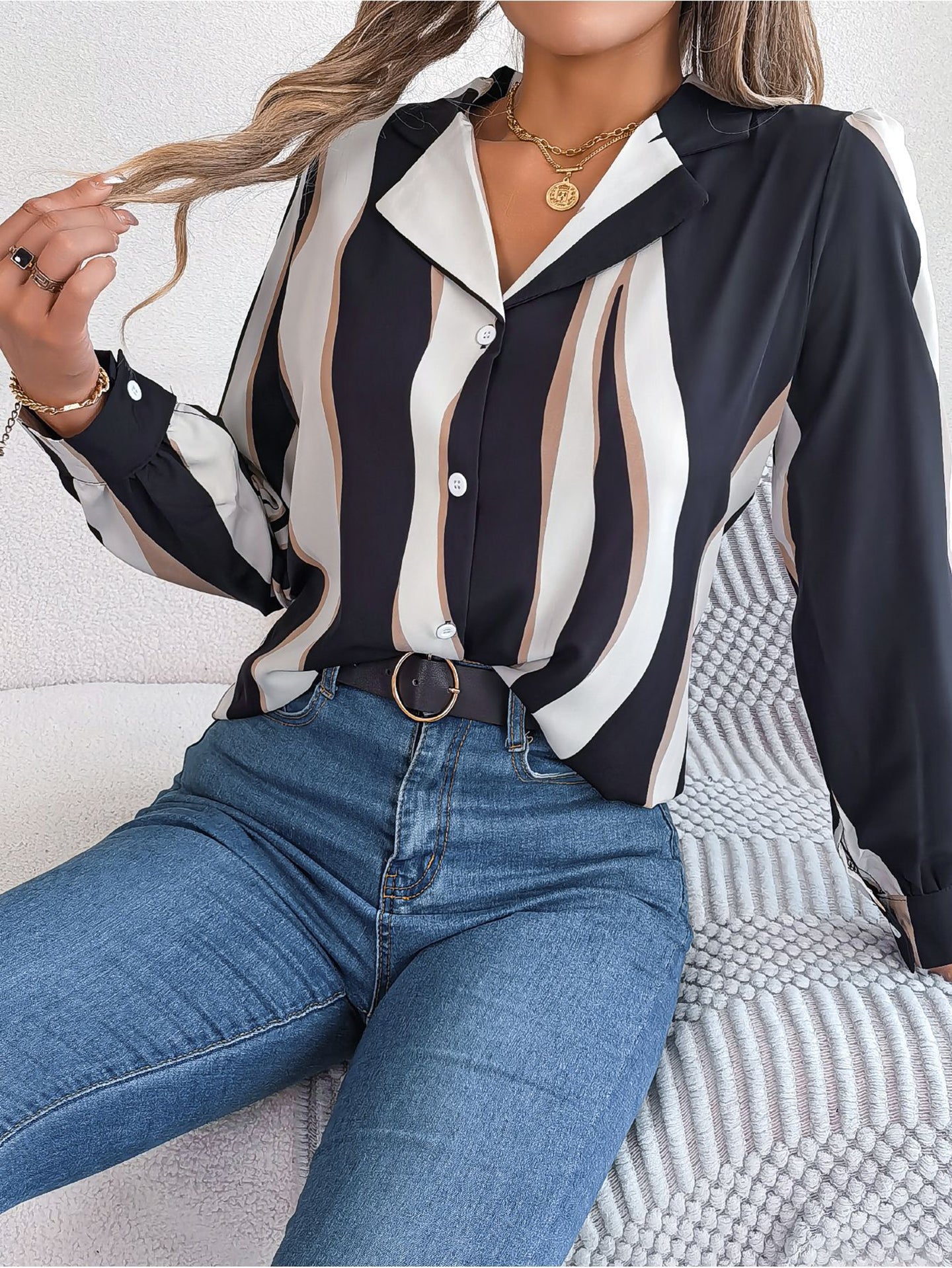Women Cuban Collar Vertical Striped Casual Shirt