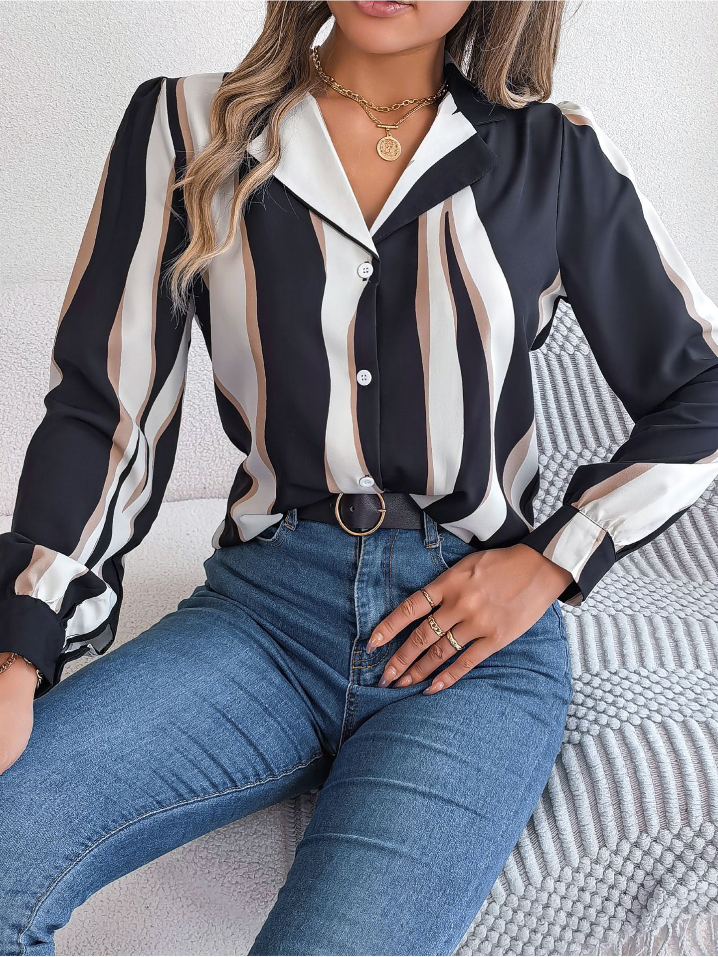 Women Cuban Collar Vertical Striped Casual Shirt