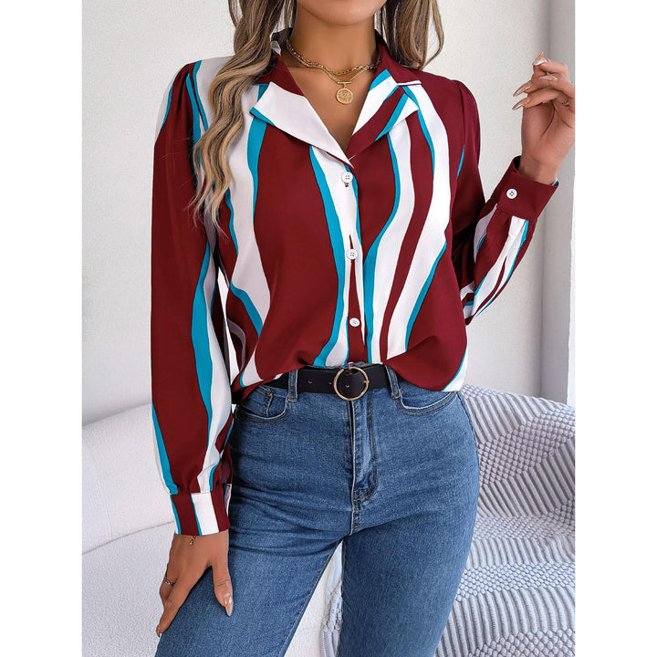 Women Cuban Collar Vertical Striped Casual Shirt