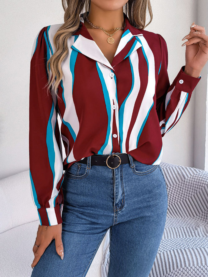 Women Cuban Collar Vertical Striped Casual Shirt