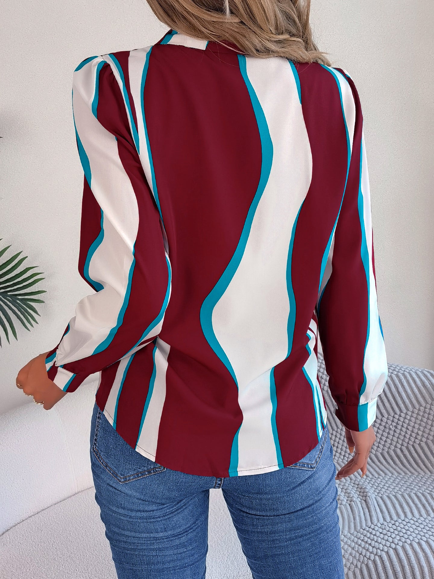 Women Cuban Collar Vertical Striped Casual Shirt