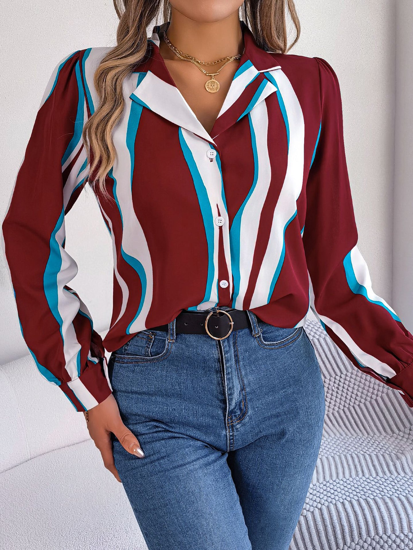 Women Cuban Collar Vertical Striped Casual Shirt