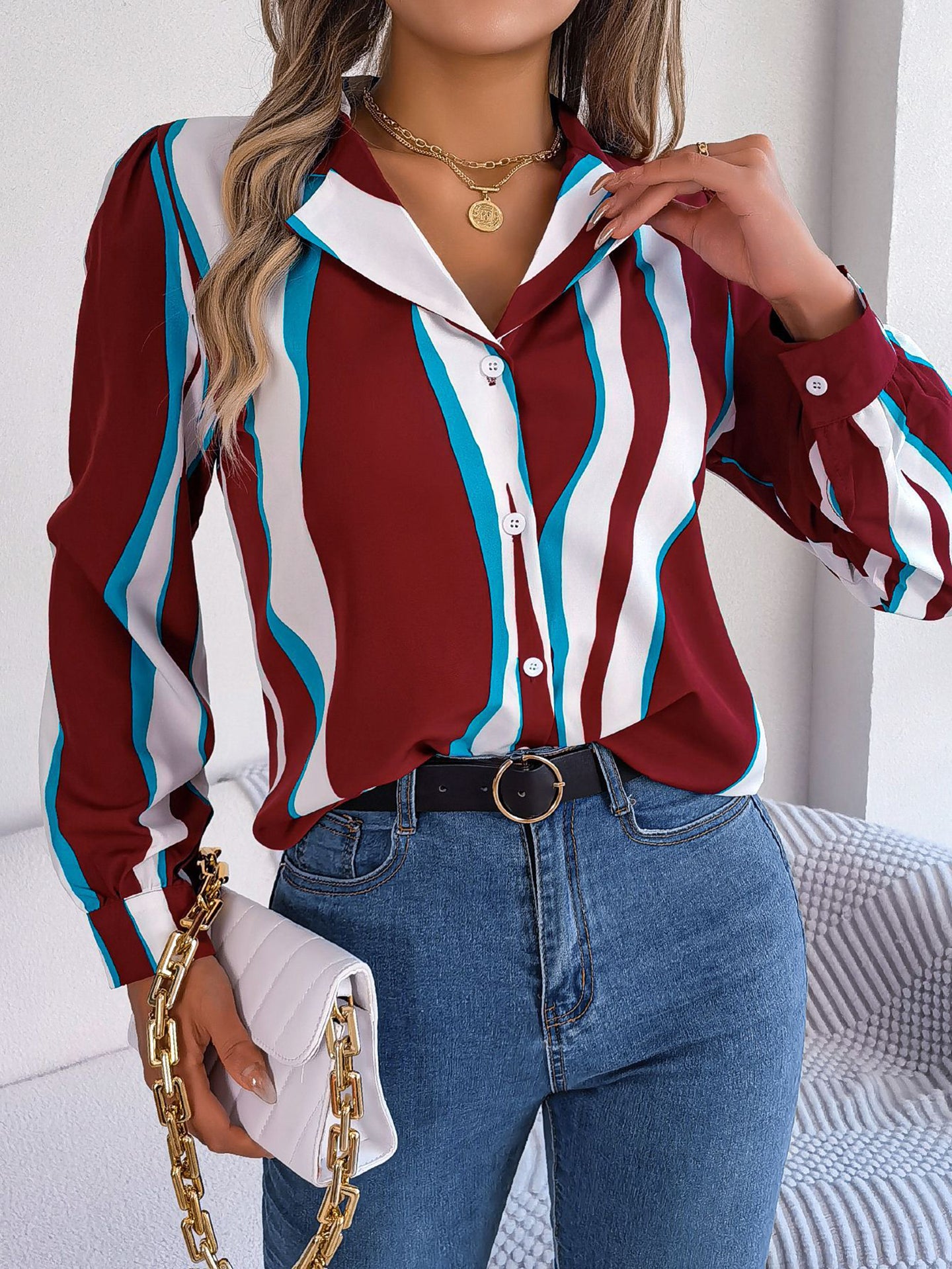 Women Cuban Collar Vertical Striped Casual Shirt