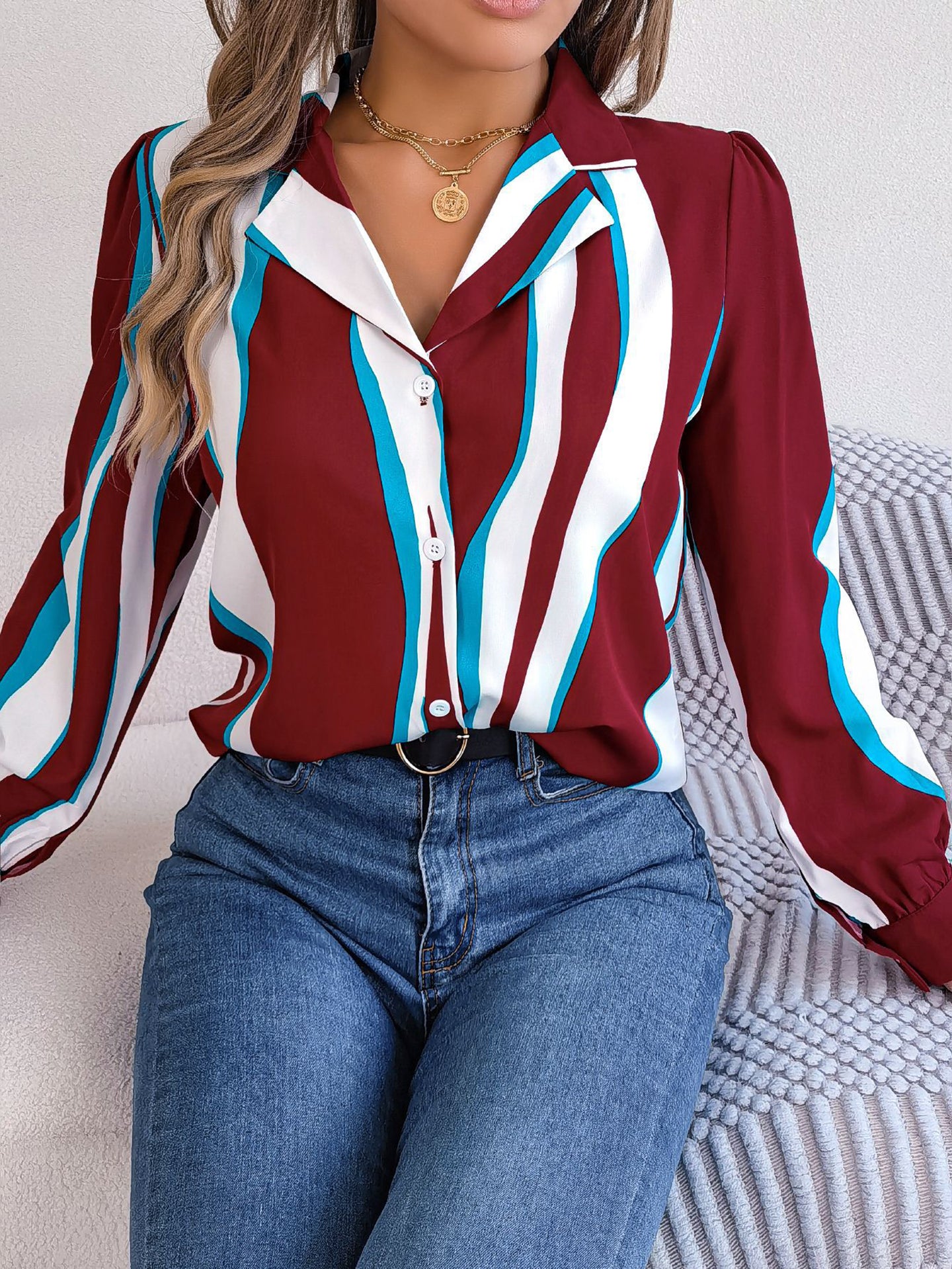 Women Cuban Collar Vertical Striped Casual Shirt